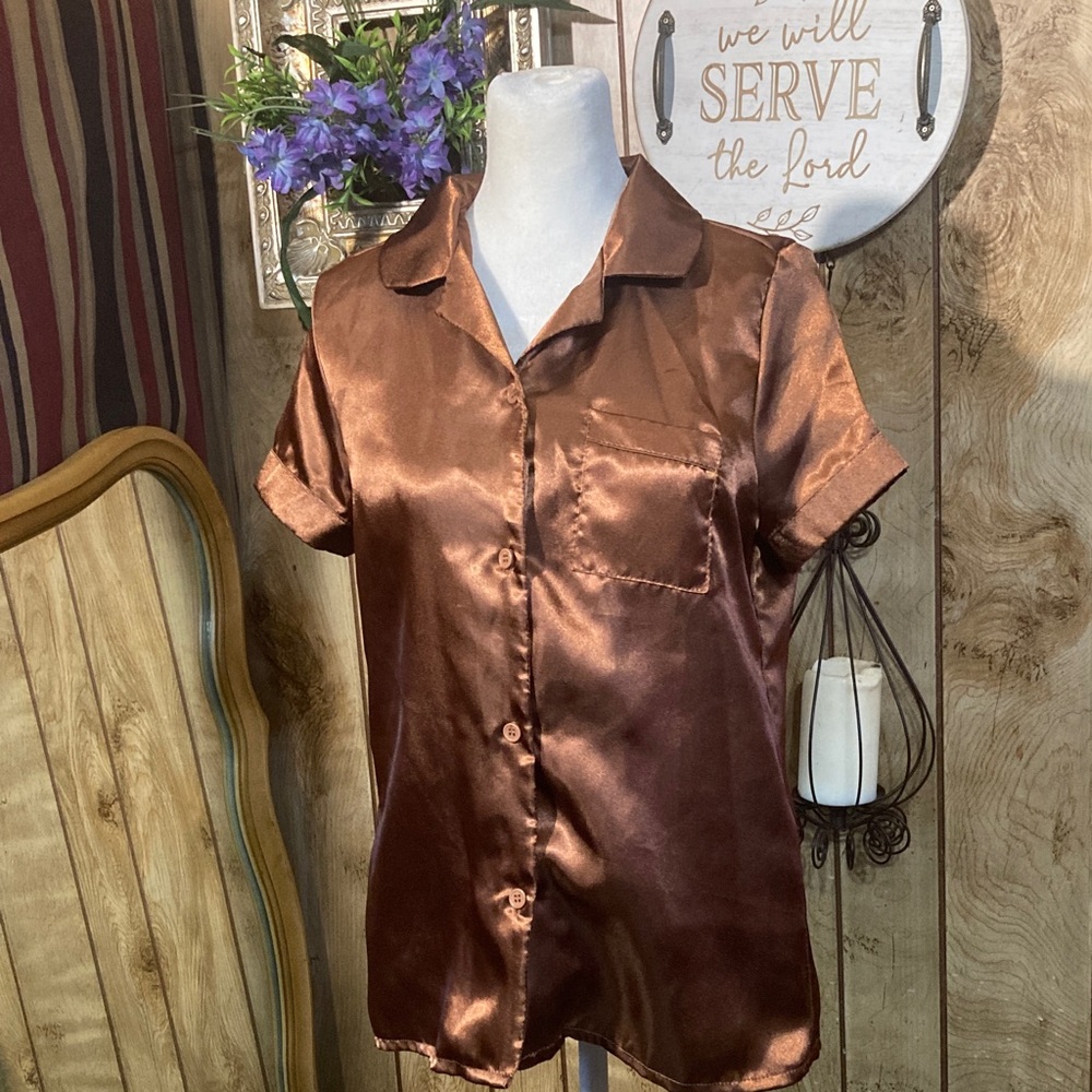 Sleek Satin Button Down Shirt in Shimmering Brown